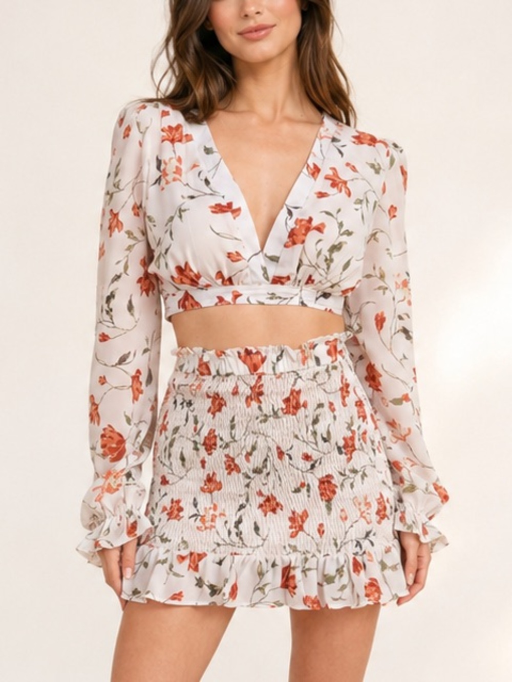 NWT 2 Piece Set, Lace Up Floral Crop & Top Smocked Mini Skirt, Blush Zulema